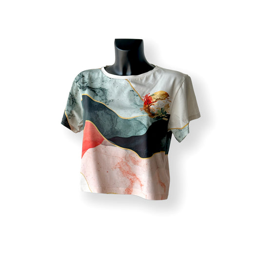 Printed Cotton Crop T-Shirt with Swarovski Detail